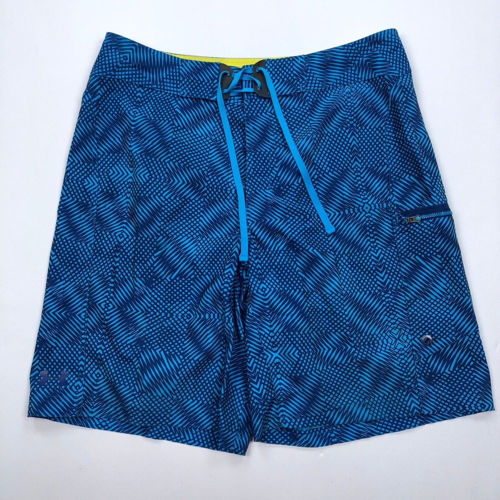 Under Armour Mens Board Shorts Blue Geometric Print Swim Trunks Size 36 Loose